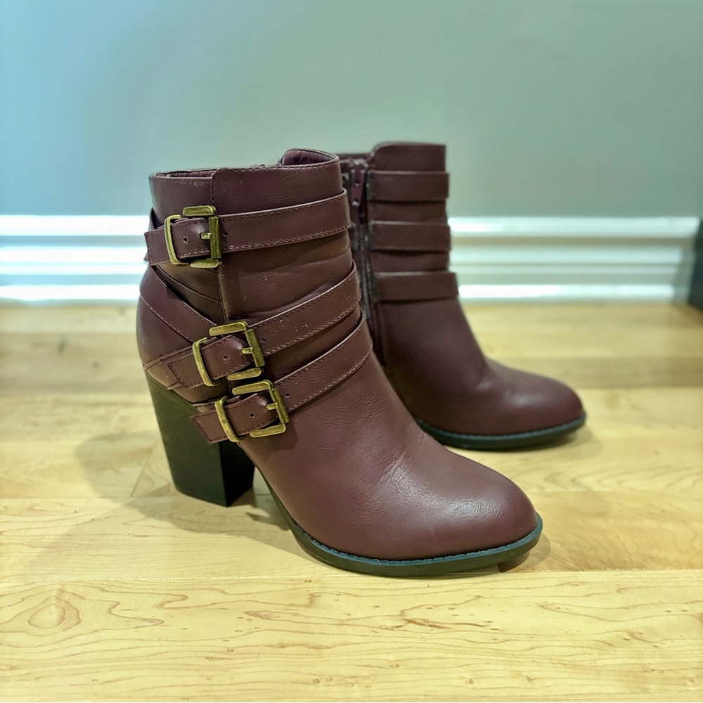 JustFab Burgundy Ankle Booties with Brass Buckle Straps